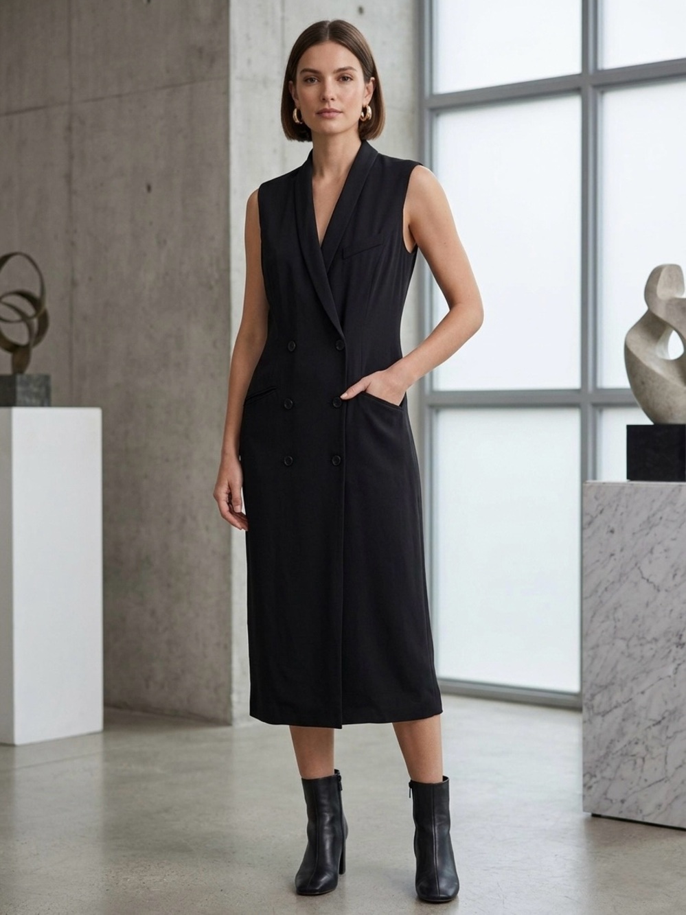 Vintage 90s Anne Klein II 100% Silk Blazer Dress Minimalist Tuxedo Vest NWT 10